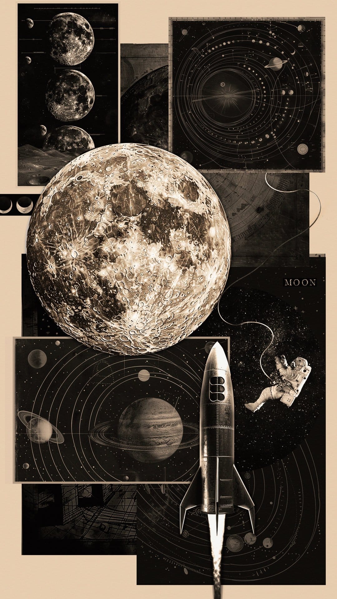 Lunar surface and vintage rocket ship surrounded by astronomical diagrams and a floating astronaut in space.
