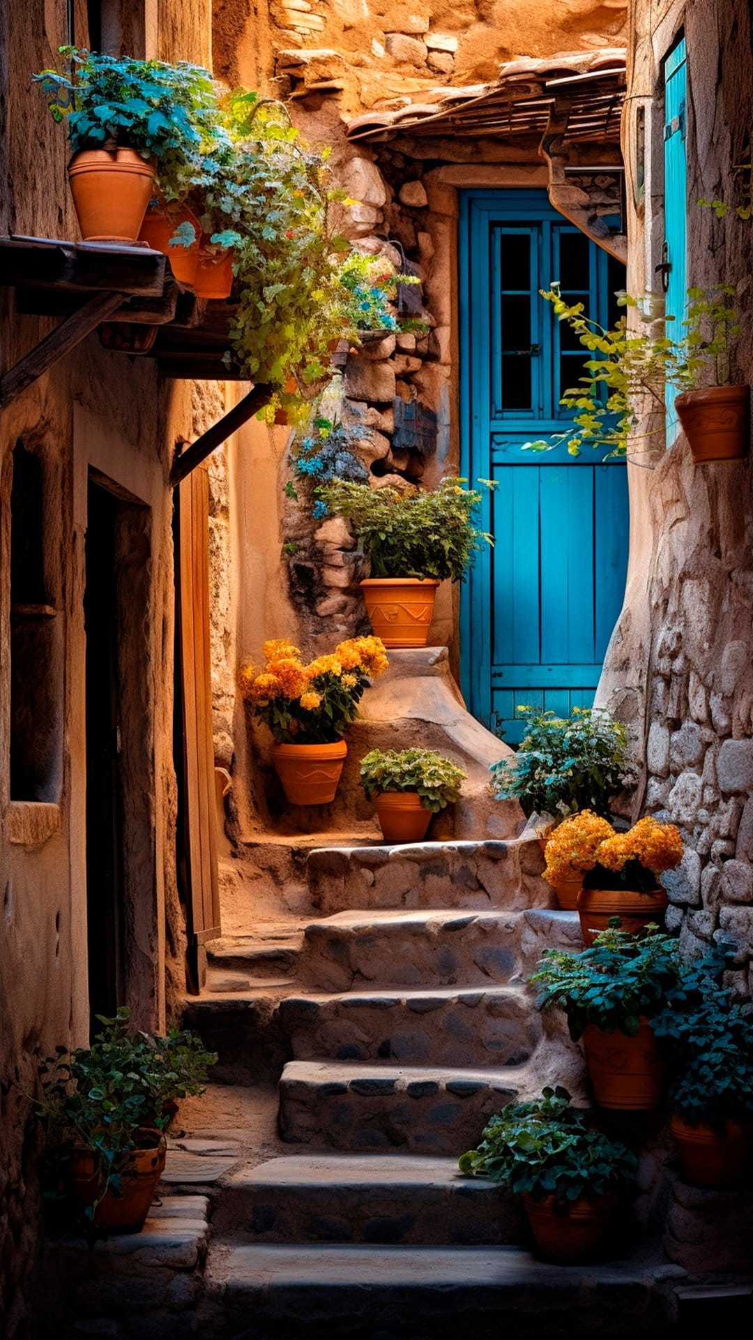 Blue wooden door surrounded by flowering potted plants along a narrow cobblestone Mediterranean street.