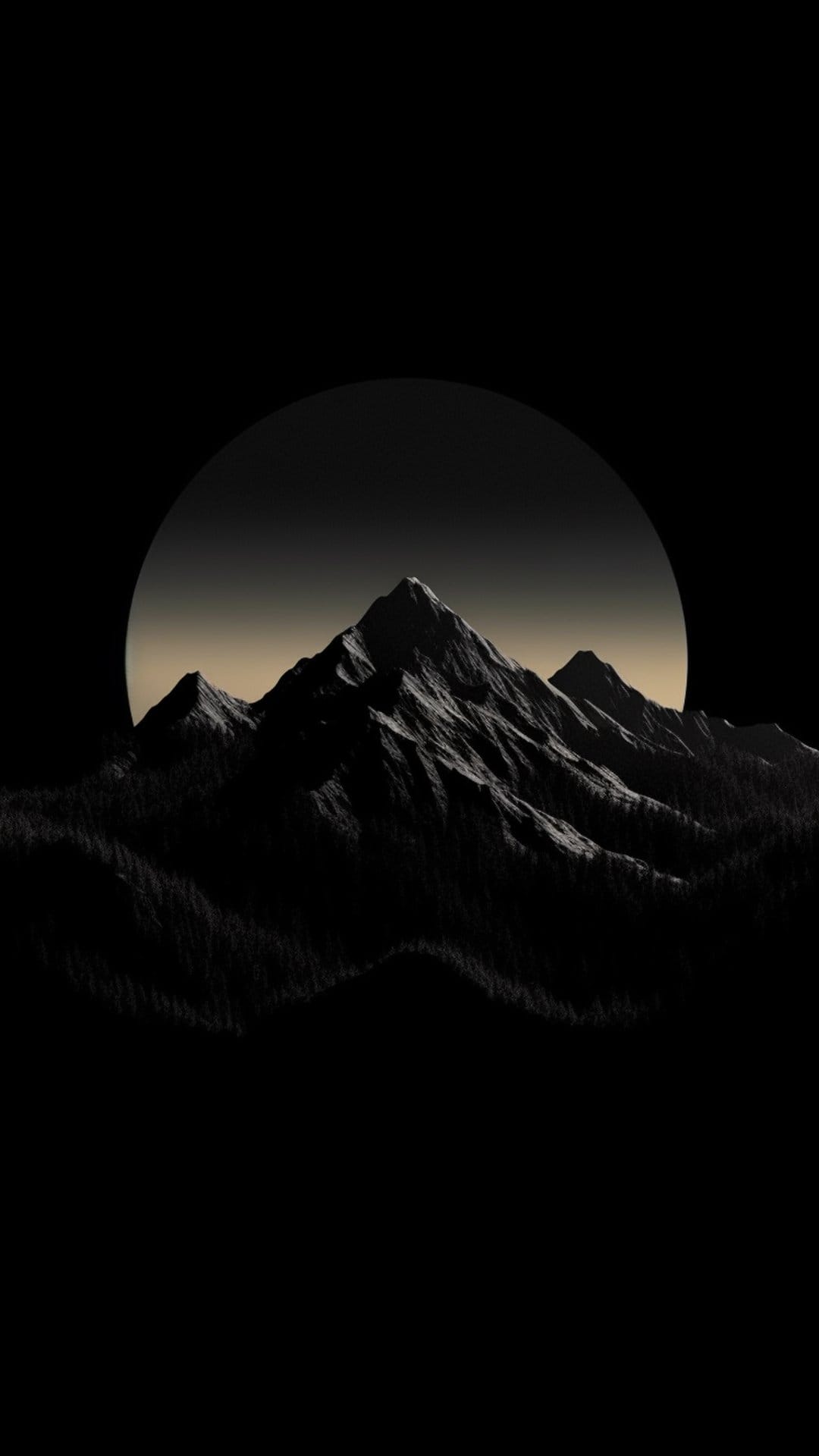 Sharp mountain peaks silhouetted against a large dim moon with a dark forest at the base under a moody night sky.
