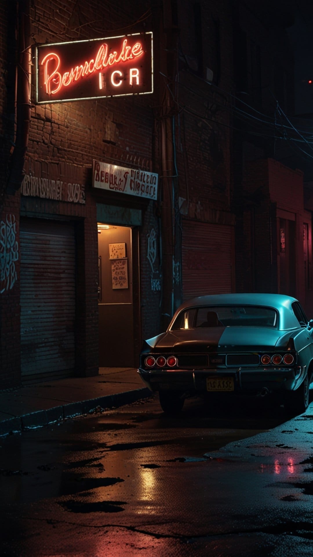 Vintage car parked in a wet brick alleyway illuminated by a glowing pink and blue neon sign at night.