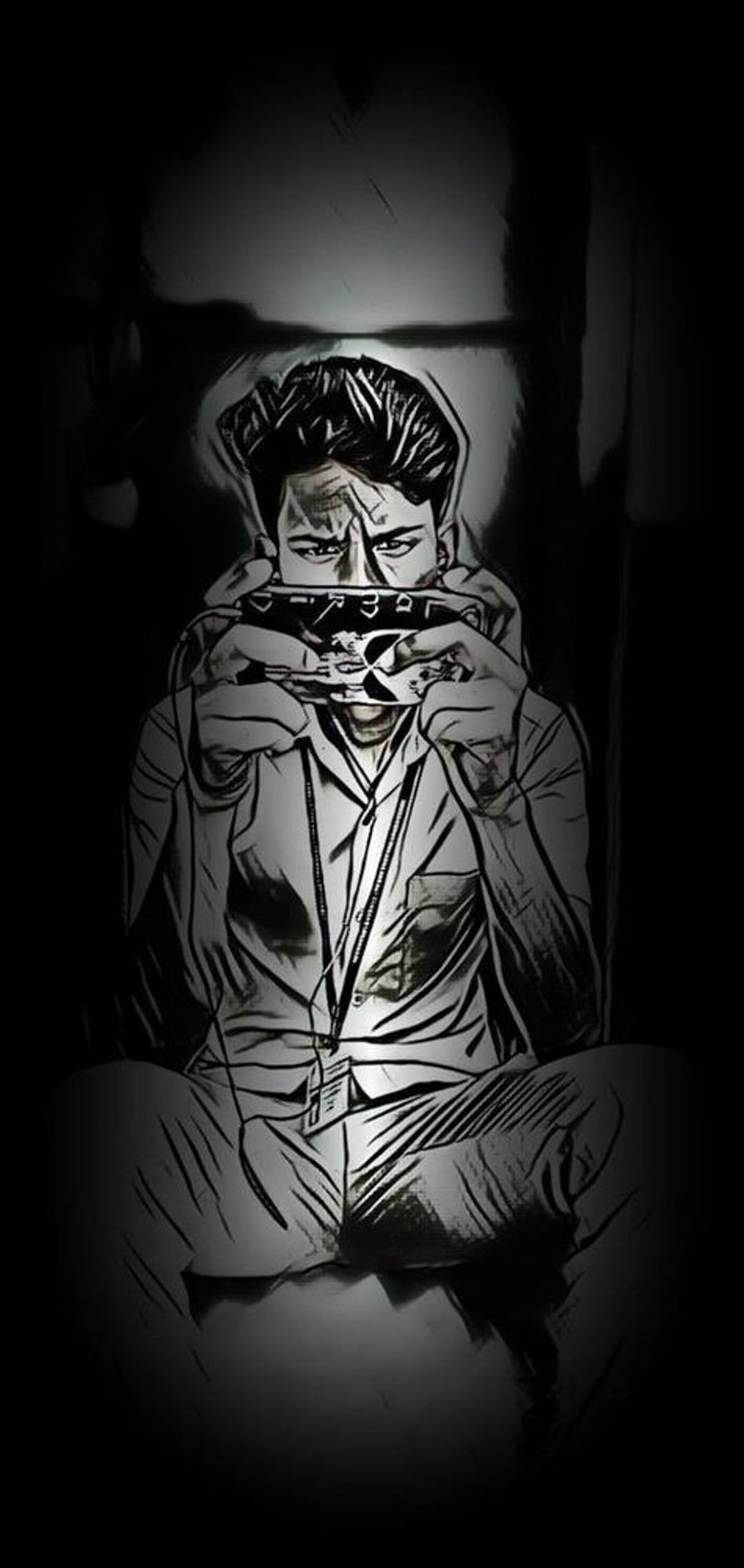 Man with an intense facial expression plays a harmonica while wearing a collared shirt in moody, shadowed light.