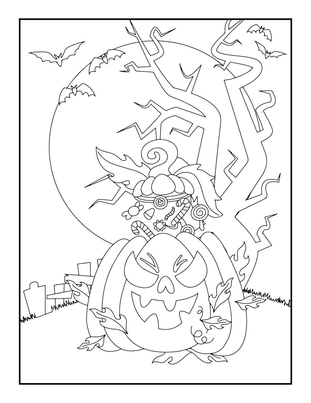 Halloween coloring page featuring a carved jack-o-lantern under a full moon with bats and candy treats.