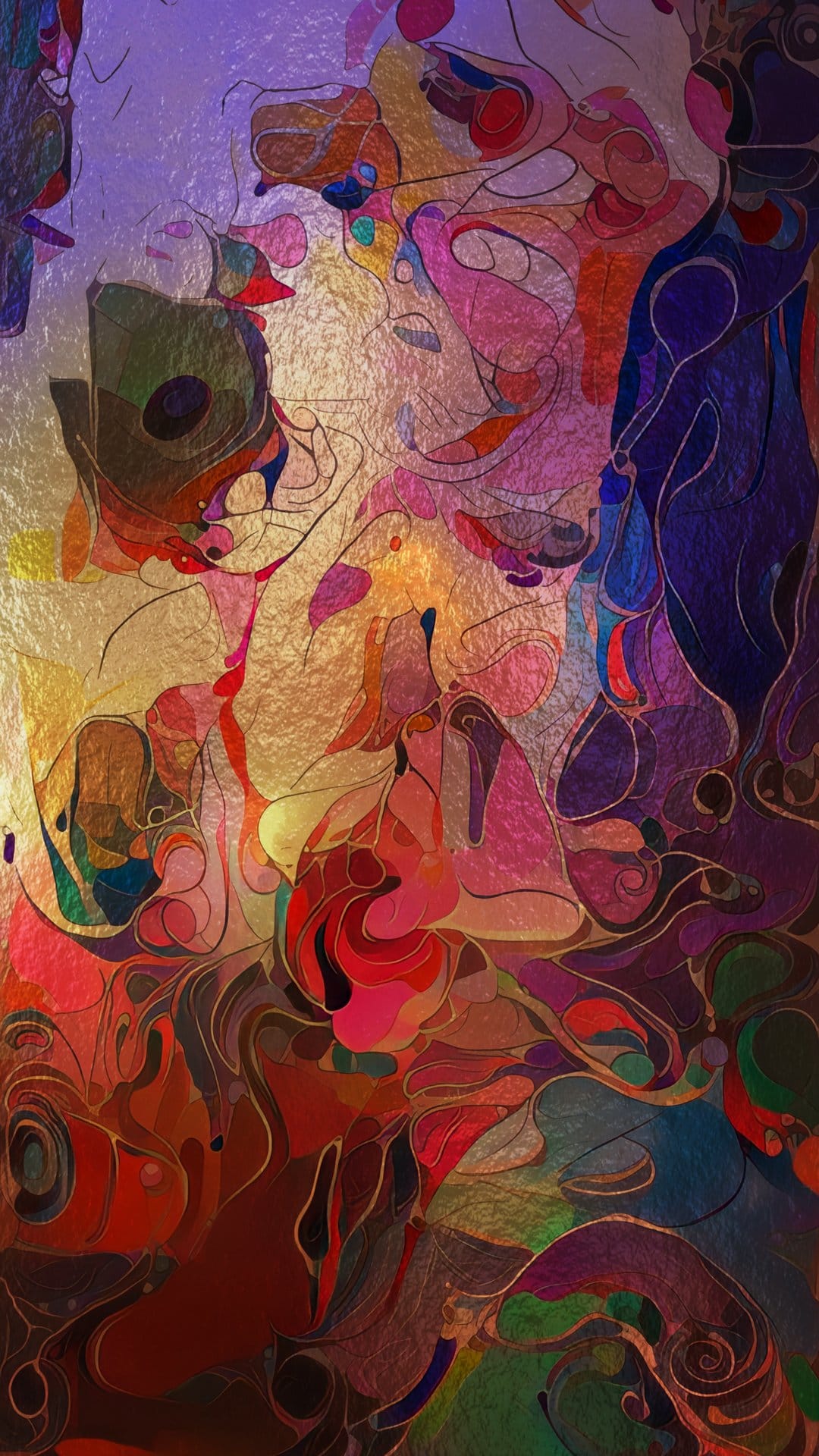 Swirling organic forms in shades of purple, gold, and red overlap in a textured abstract expressionist design.