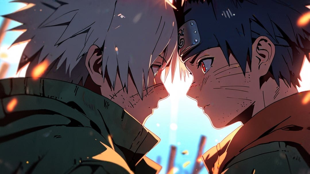 White-haired ninja in a green vest stares intensely at a black-haired rival with orange facial markings.
