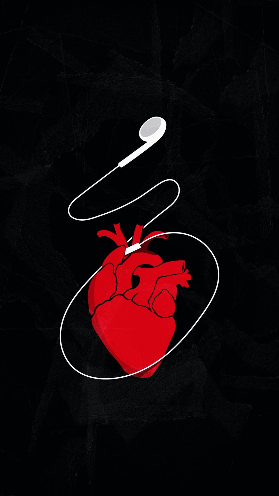 Vibrant red anatomical heart entwined with white earphone cables set against a dark, grainy textured backdrop.