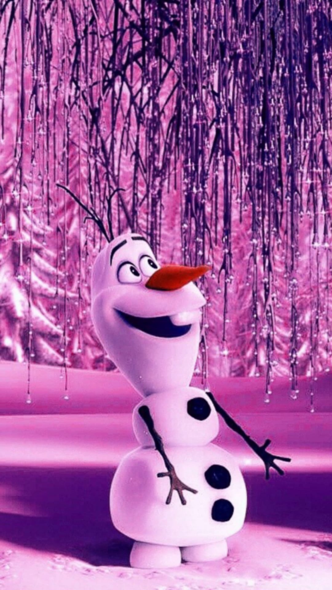 Olaf the snowman stands smiling in a vibrant pink forest filled with glowing icicles and soft winter snow.