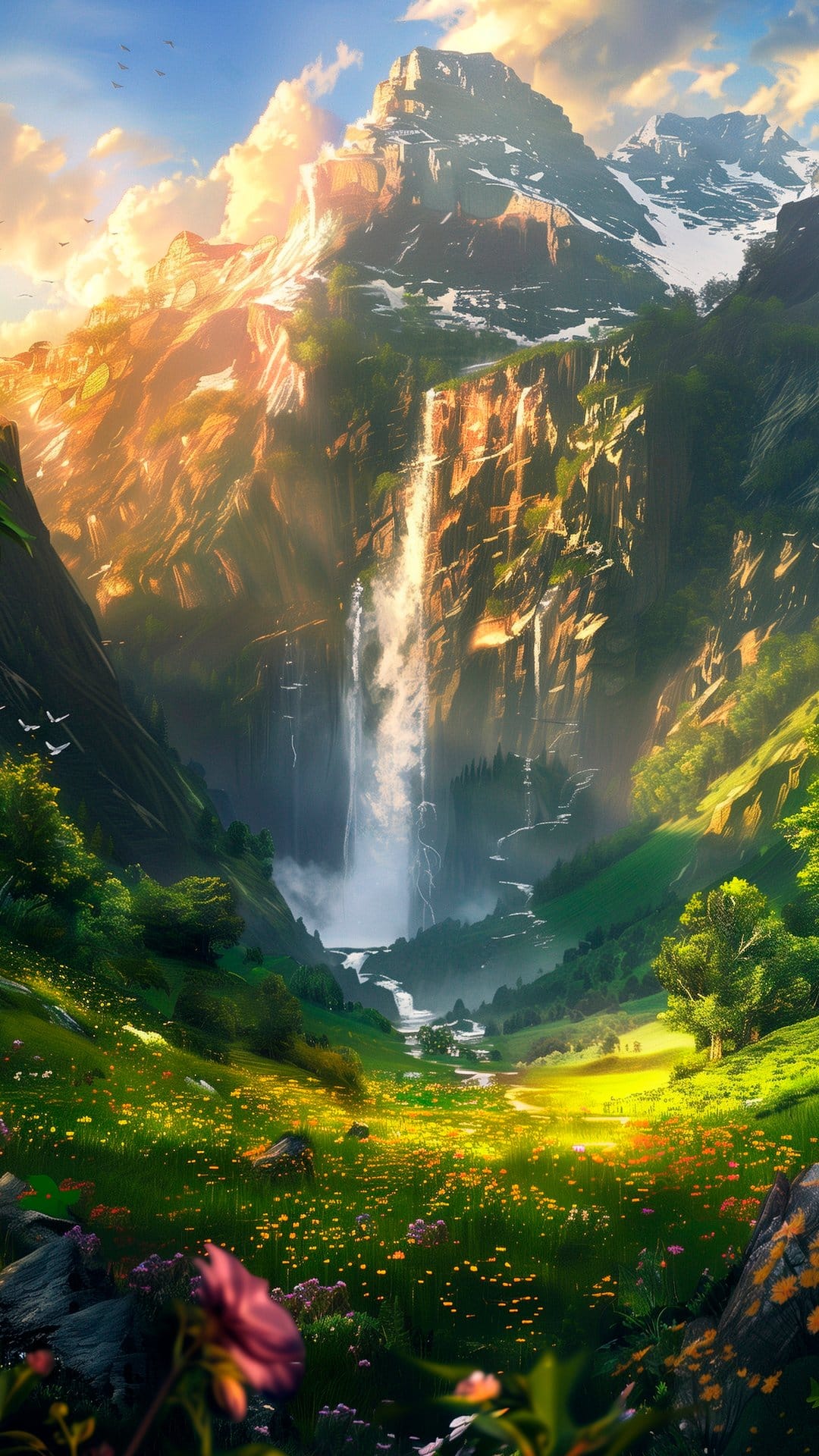 Waterfall cascading down jagged mountains into a field of purple and yellow flowers during a warm golden hour.