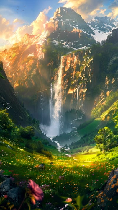 rock,mountain,waterfall,valley,landscape,nature,art