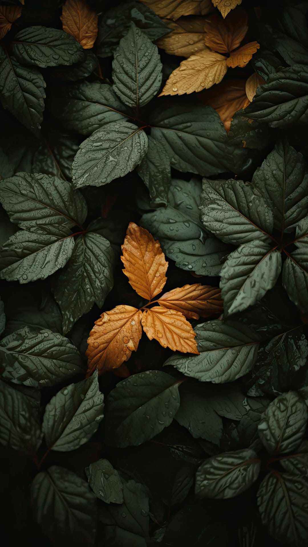 Raindrops rest on the surface of green and yellow autumn leaves with detailed veins and blurred background.