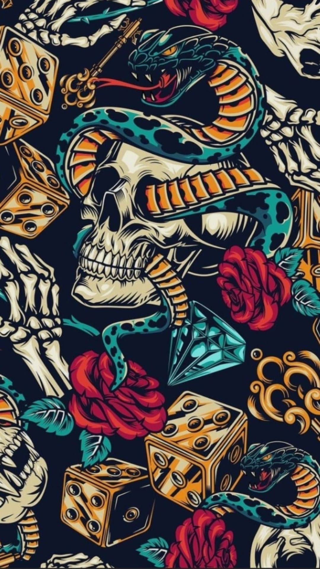 Human skull entwined by a coiled snake with red roses, gambling dice, and a diamond in a dark tattoo layout.