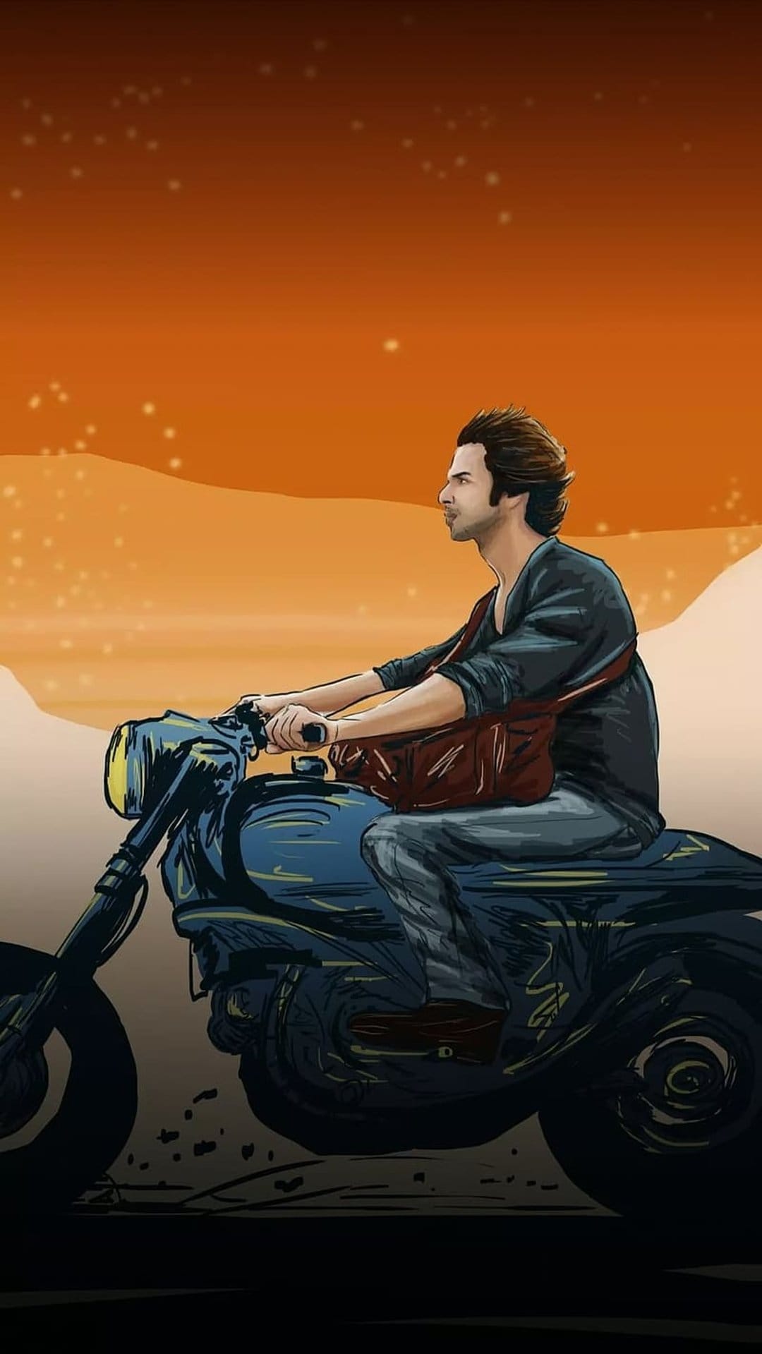 Man on a motorcycle travels across rolling hills under a vibrant orange sky with small stars at the horizon.