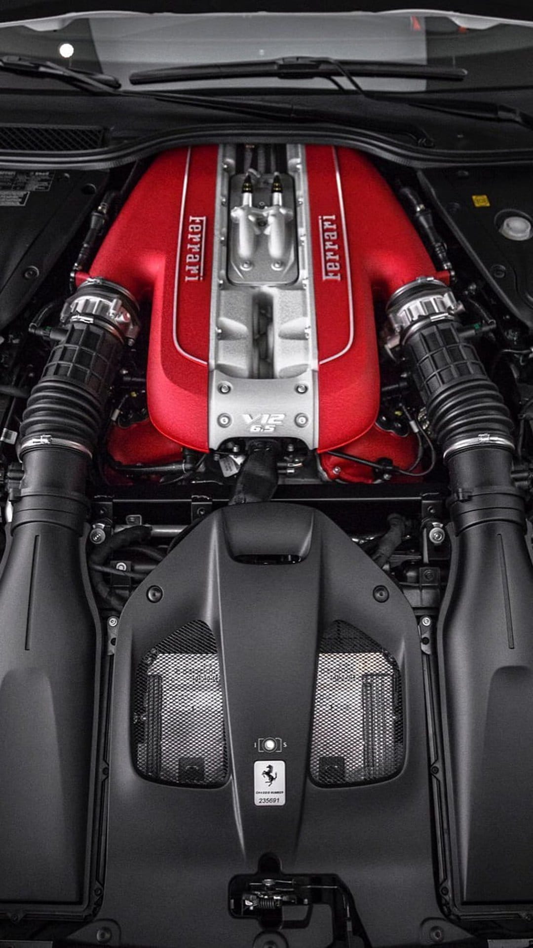 Ferrari V12 engine manifold in vibrant red with silver accents, black pipes, and a mesh-covered engine bay.