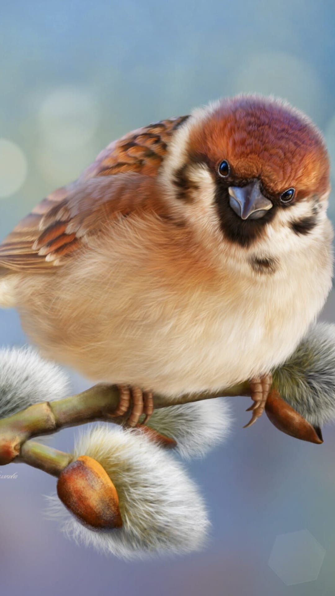 Round sparrow with brown and white feathers sits on a willow branch with soft catkins against a blue background.