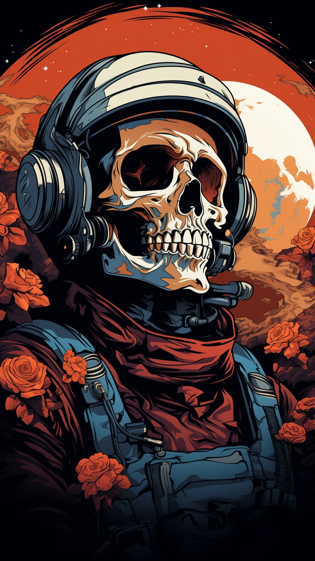 Skeleton astronaut helmet overflowing with orange roses against a red cosmic sky and a large white moon.