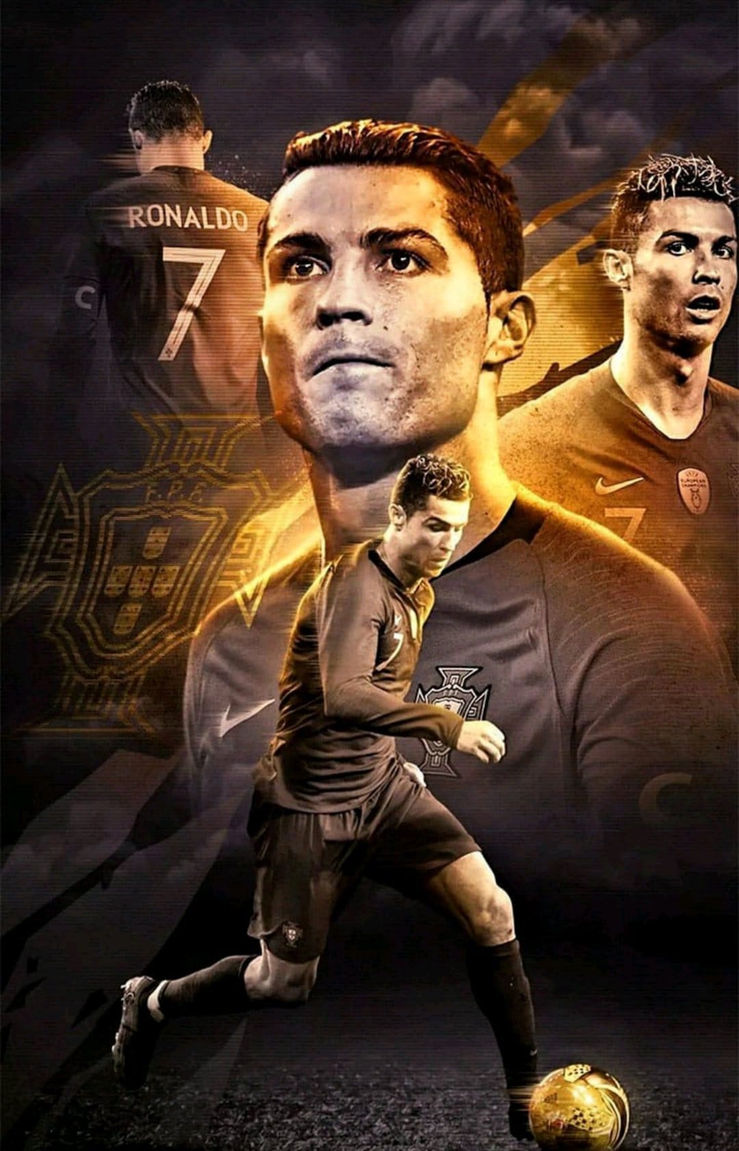 Cristiano Ronaldo wearing a Portugal kit with the number seven jersey and national crest in a collage style.