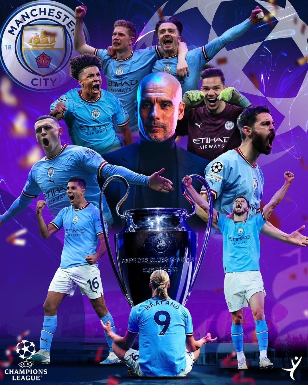 Pep Guardiola and Erling Haaland lift the Champions League trophy during a vibrant blue stadium celebration.