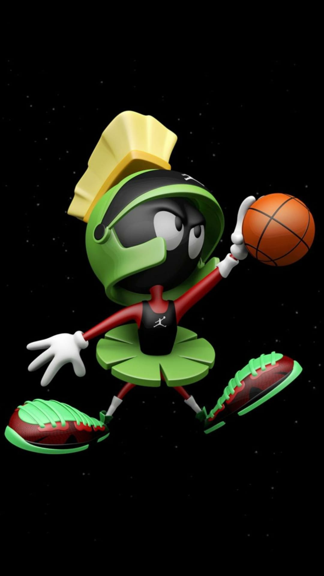 Marvin the Martian floats in space holding a basketball and wearing sneakers against a starry black backdrop.