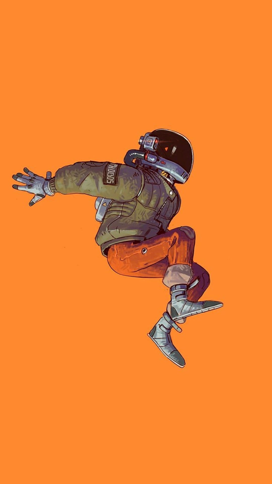 Astronaut in a khaki jacket and orange pants leaps mid-air against a vibrant, solid orange backdrop.