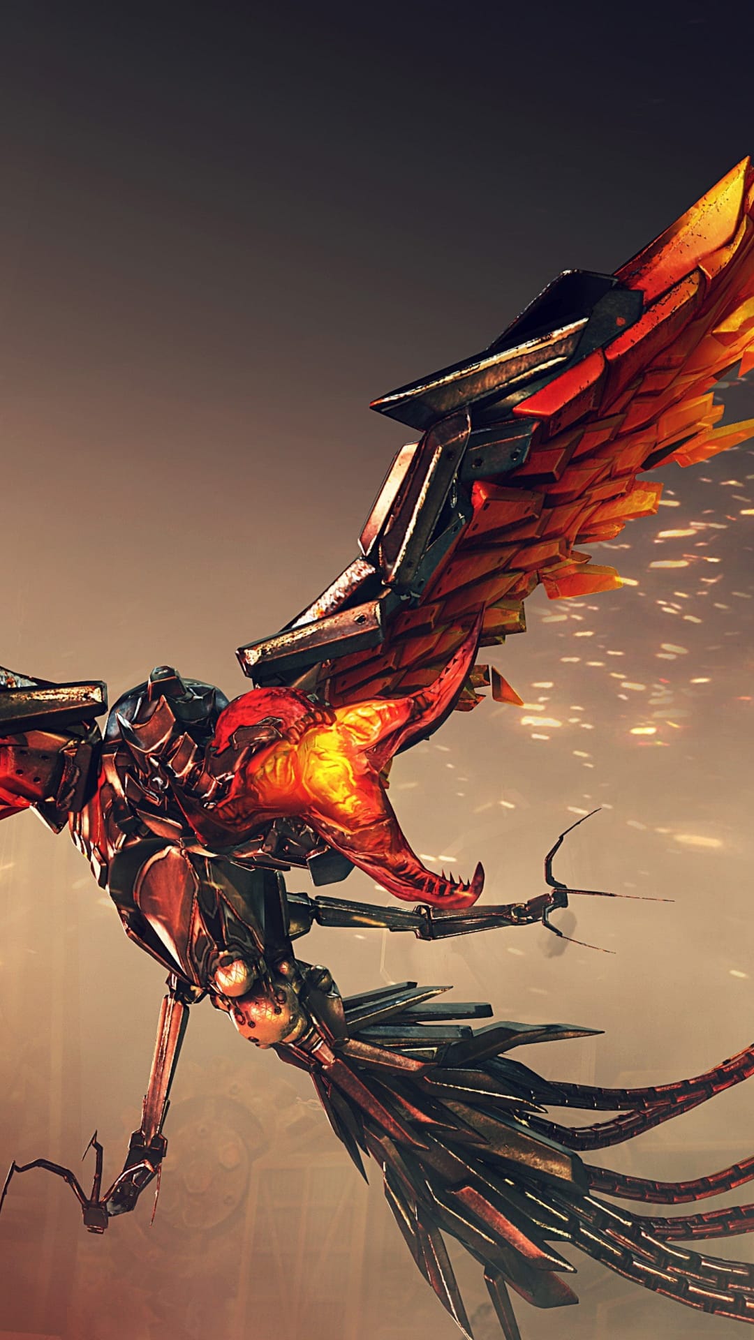 Mechanical phoenix bird with red metal plating and glowing orange wings trailing sparks during flight.