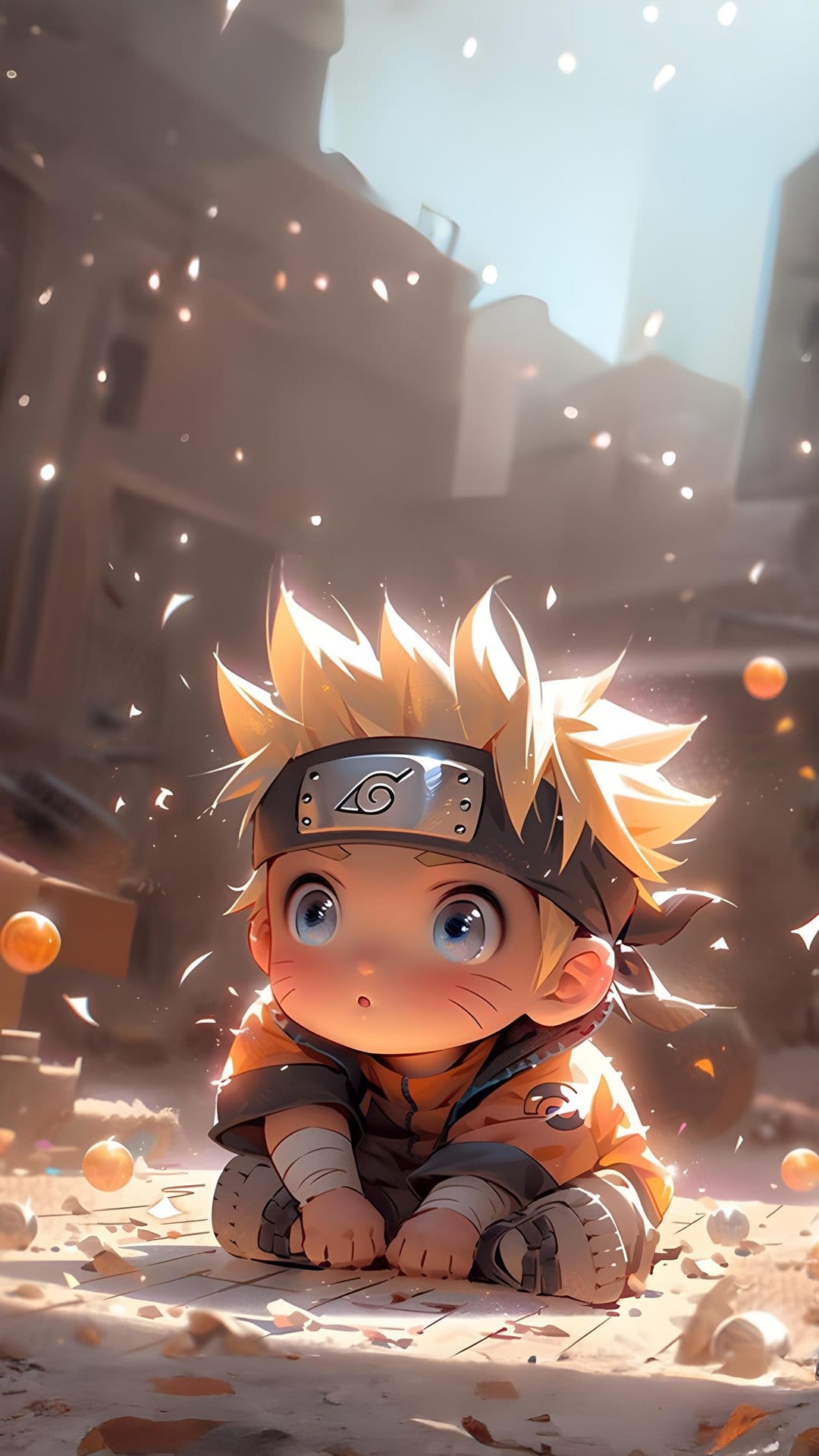 Baby Naruto Uzumaki wearing an orange jumpsuit sits on the ground with confetti falling in a village setting.