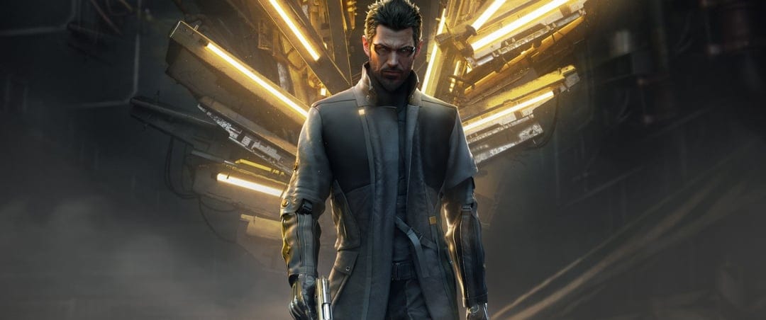 Adam Jensen with cybernetic arms holds a handgun against a backdrop of fanning yellow neon lights.