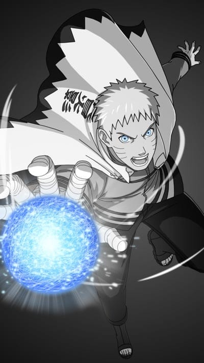 Naruto, Rasengan, grayscale, blue chakra, anime, manga, powerful pose, Hokage cloak, monochrome, vibrant contrast, action shot, Uzumaki, ninja, shonen, digital art, intense eyes