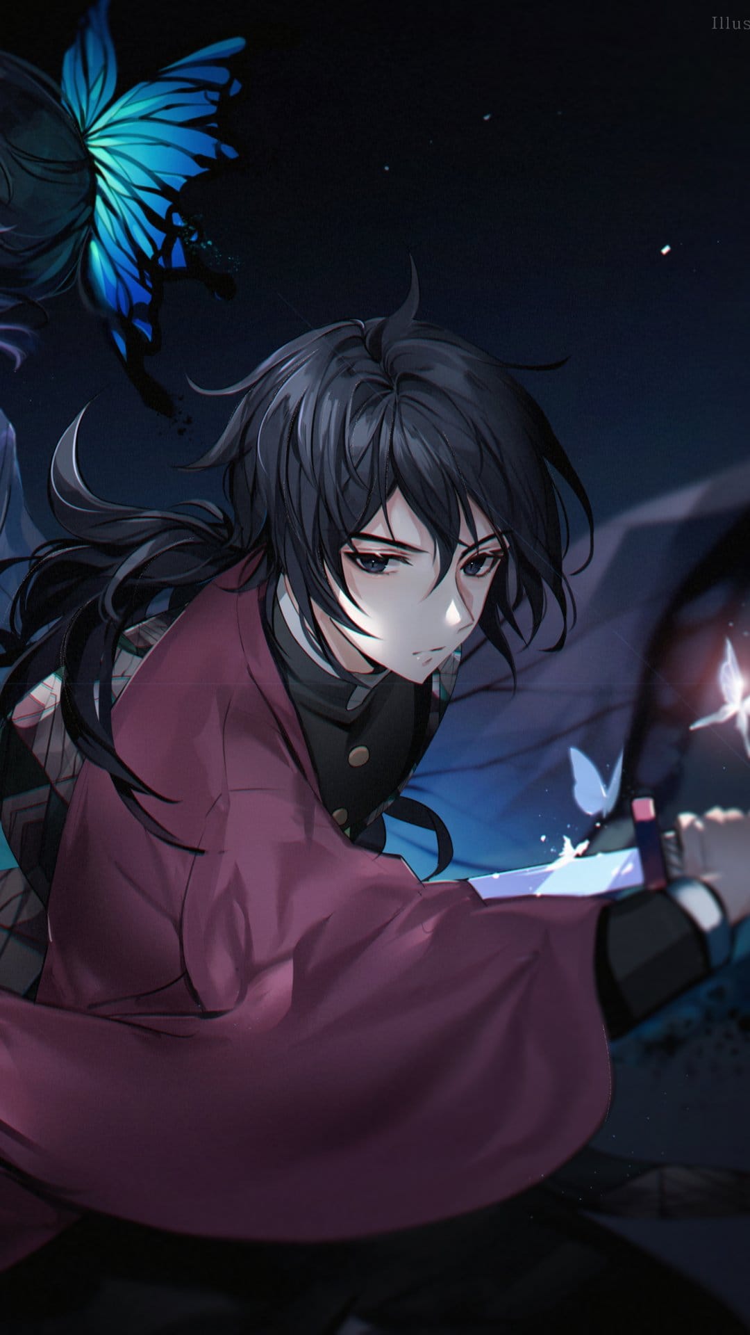Giyu Tomioka wears a patterned haori while holding a glowing blue butterfly under a dark starry night sky.