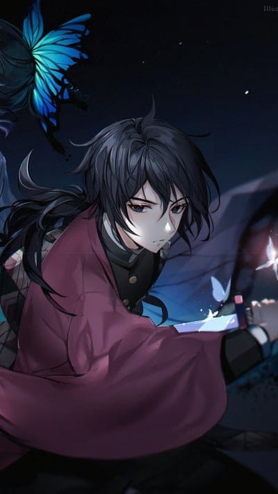 Demon Slayer, Giyu Tomioka, anime, manga, water hashira, butterflies, night, serene, character, fan art, swordsman, mystical