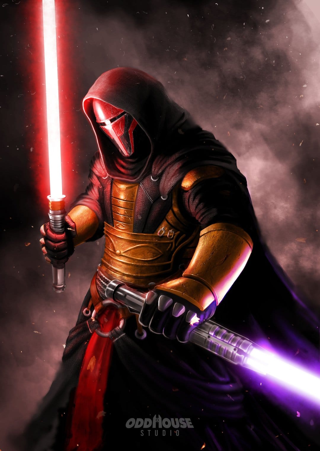 Masked warrior Darth Revan holds a red and purple lightsaber against a dark, smoky backdrop with golden armor.