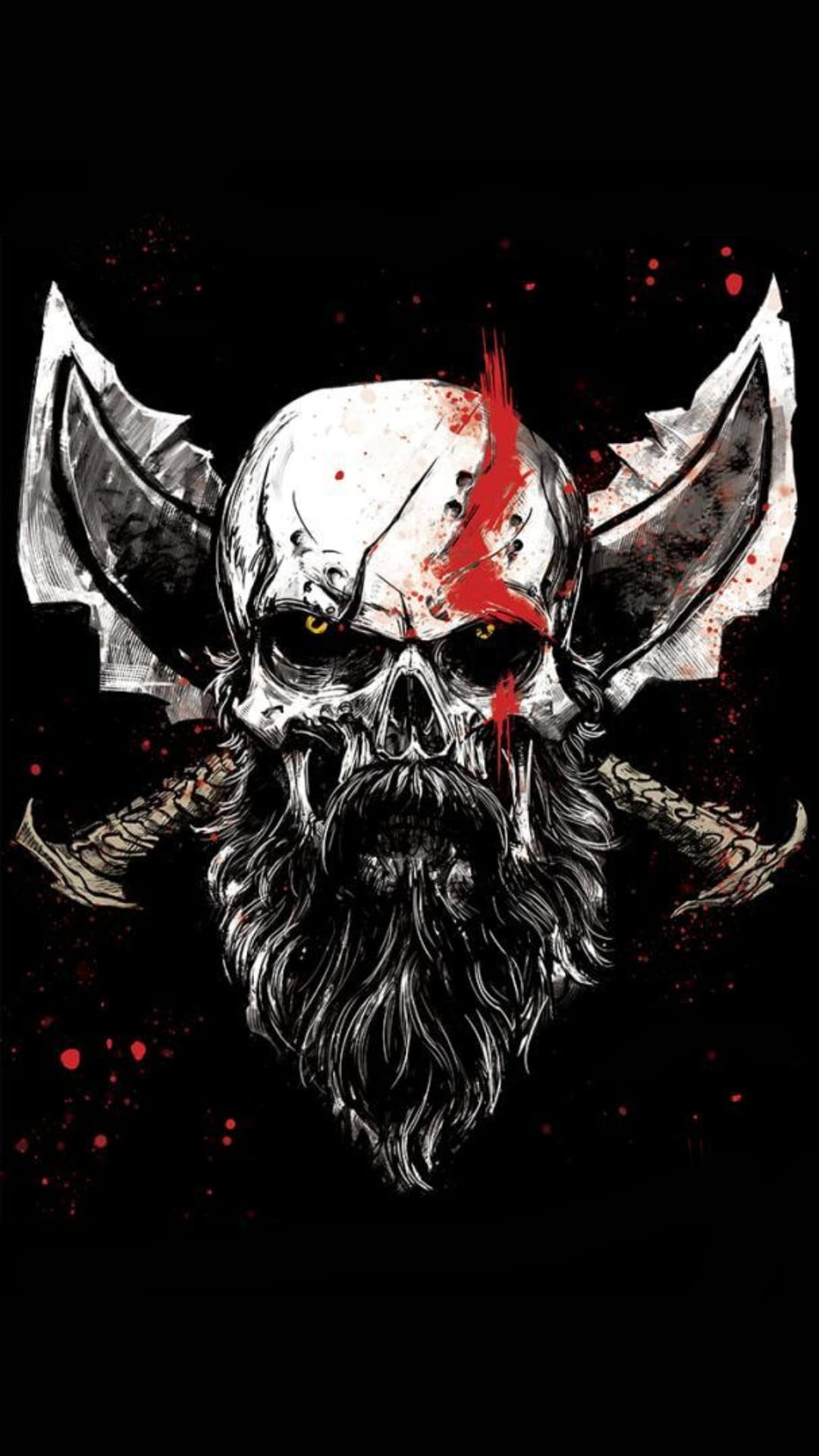 Bearded skull with red forehead paint and crossed metal axes centered on a black splattered background.