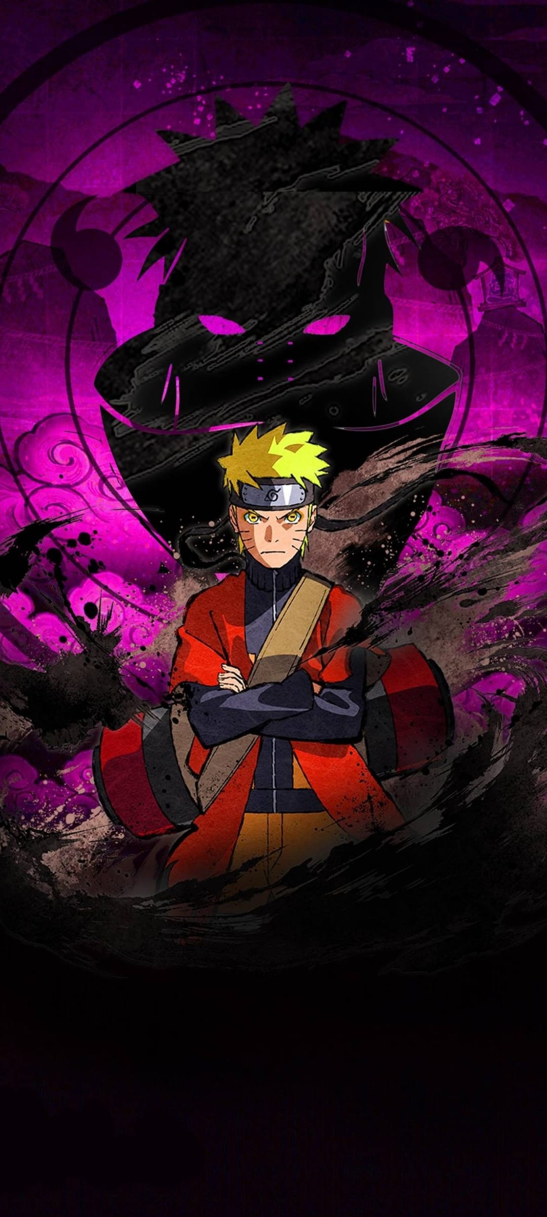Naruto Uzumaki with crossed arms stands before a large fox shadow with glowing purple eyes and pink abstract swirls.