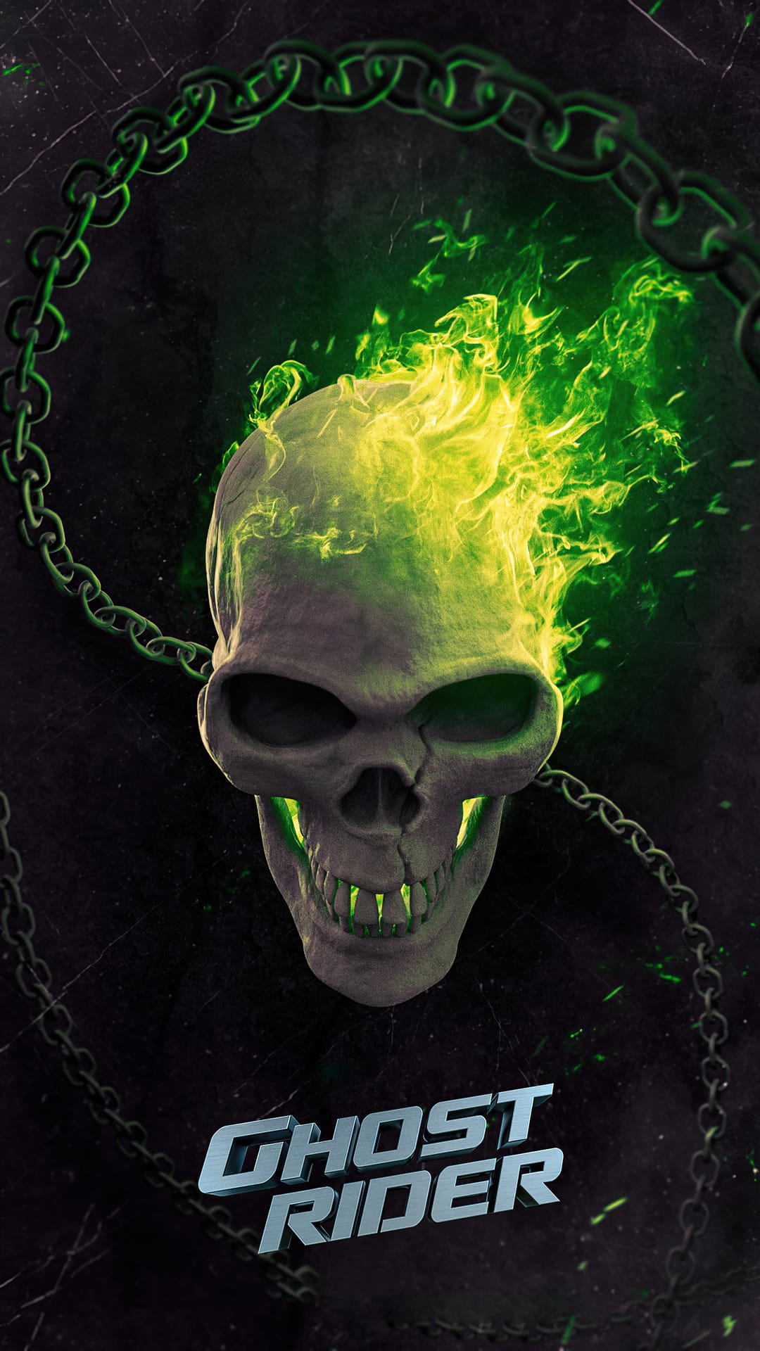 Ghost Rider's skull wrapped in heavy iron chains and engulfed in bright green and yellow neon hellfire.