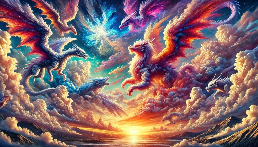 Majestic dragons fly between swirling fiery clouds and a glowing orange sunset in a vertical fantasy landscape.