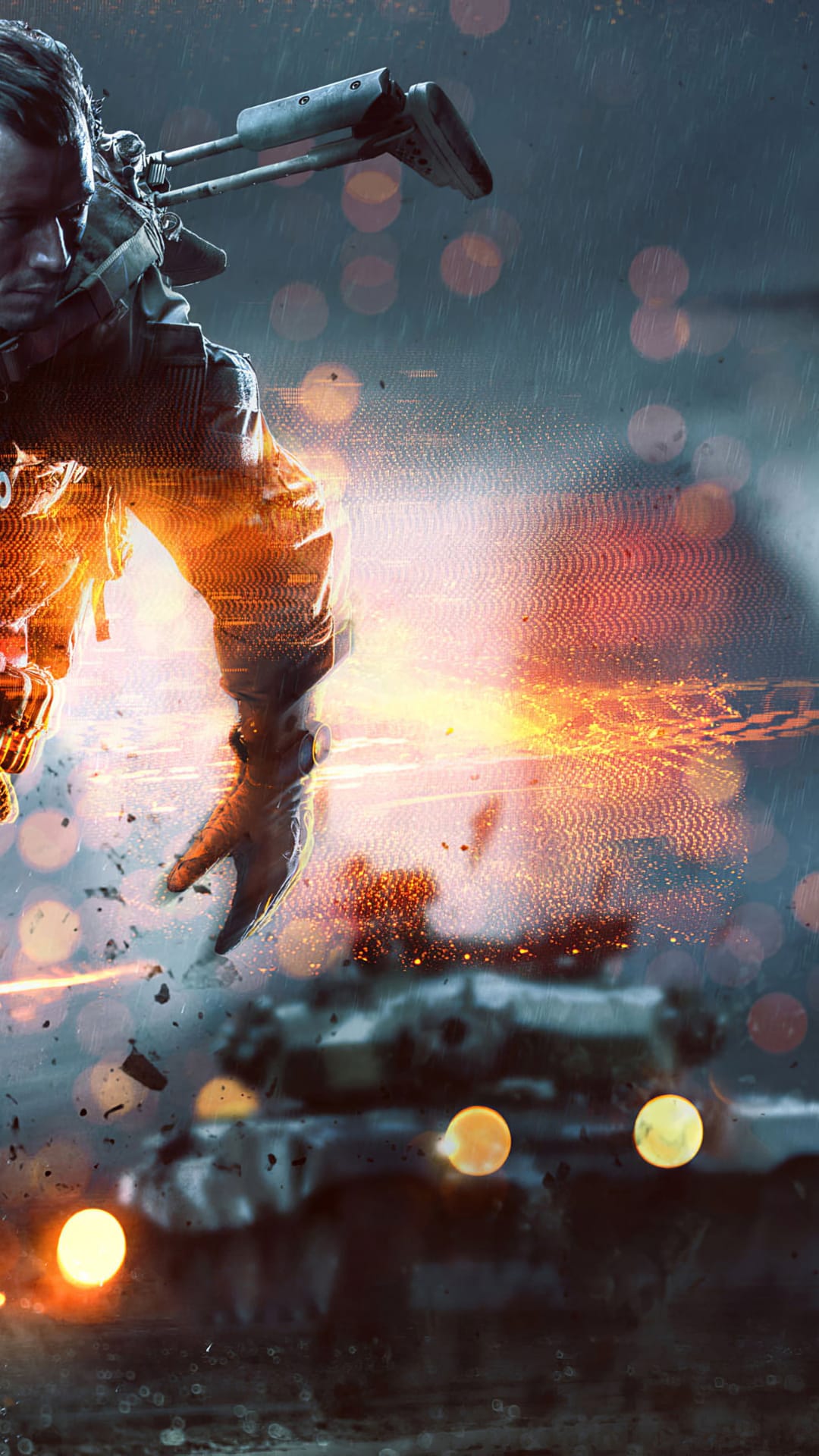Soldier clutching a rifle leaps through the air as a massive tank explodes amidst rain and debris.
