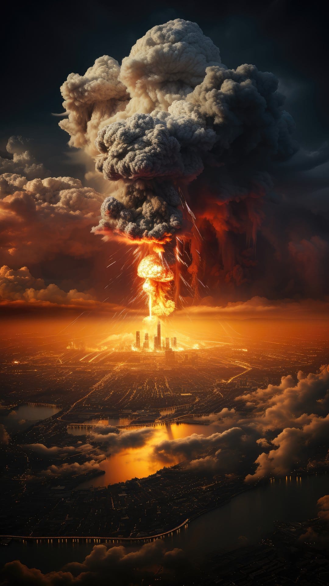 Mushroom cloud rising above a devastated city skyline with glowing orange embers and thick smoke plumes.
