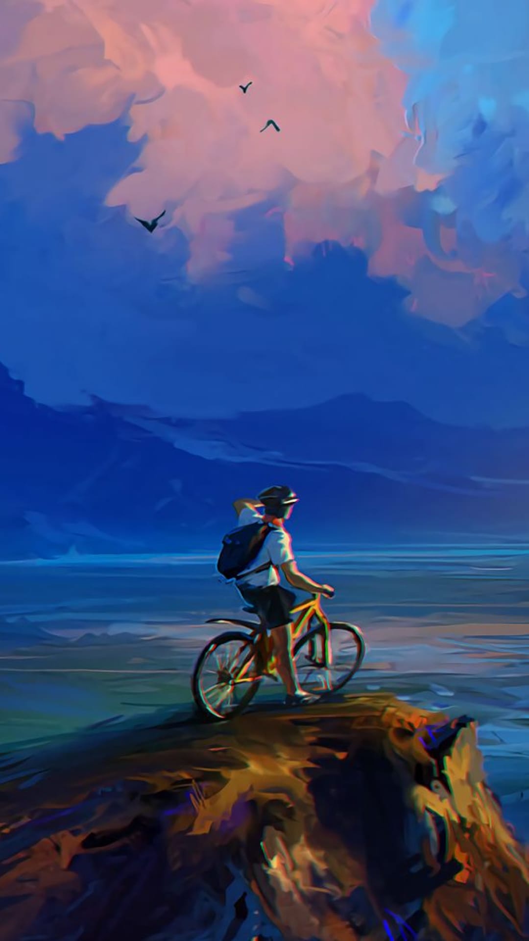 Cyclist with a backpack stands on a rocky cliff overlooking a calm sea under a vibrant purple sunset sky.