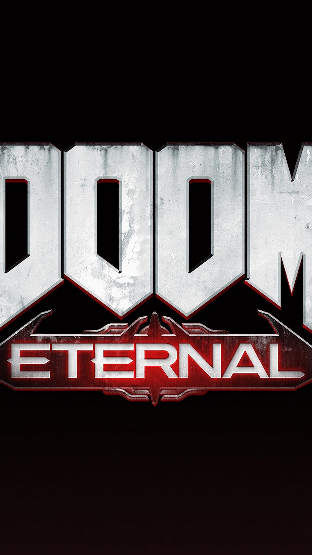 Doom Eternal game logo features stone-textured white letters above a glowing red metallic banner on black.