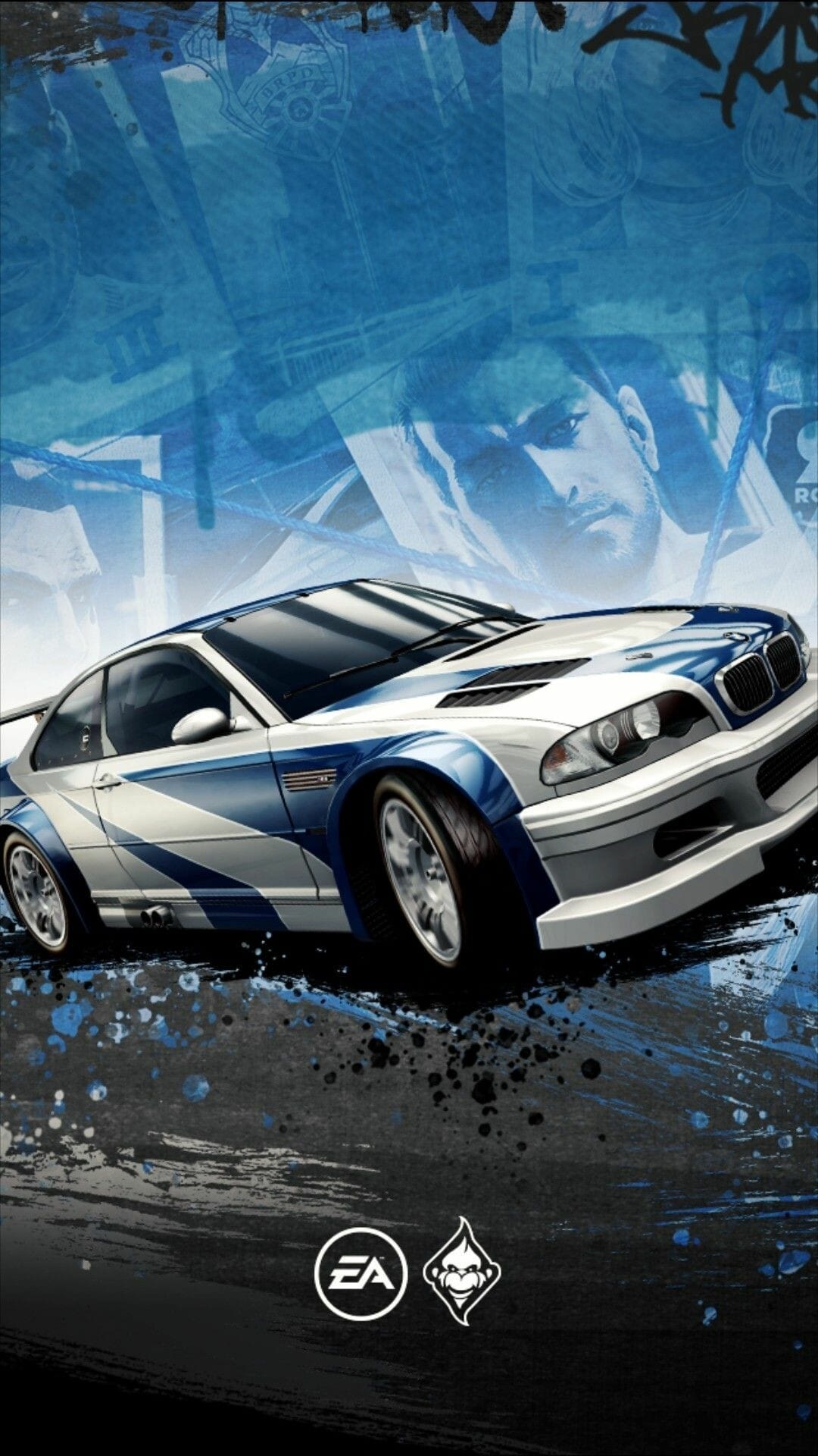 White and blue BMW M3 GTR racing car against a stylized blue collage background with a man's face and police badge.