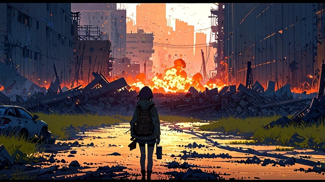 Solitary person walking through a destroyed city street with fire, smoke, and crumbling buildings at dusk.