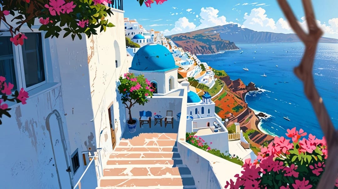 Whitewashed Greek village buildings with blue domes overlook the calm blue Aegean Sea on a sunny day in Oia.