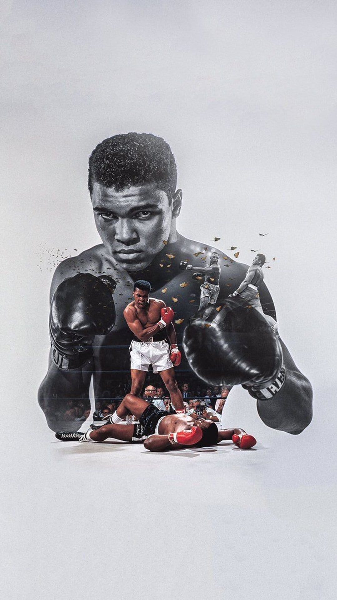 Muhammad Ali's face in a silhouette containing smaller images of him boxing and standing over a fallen opponent.