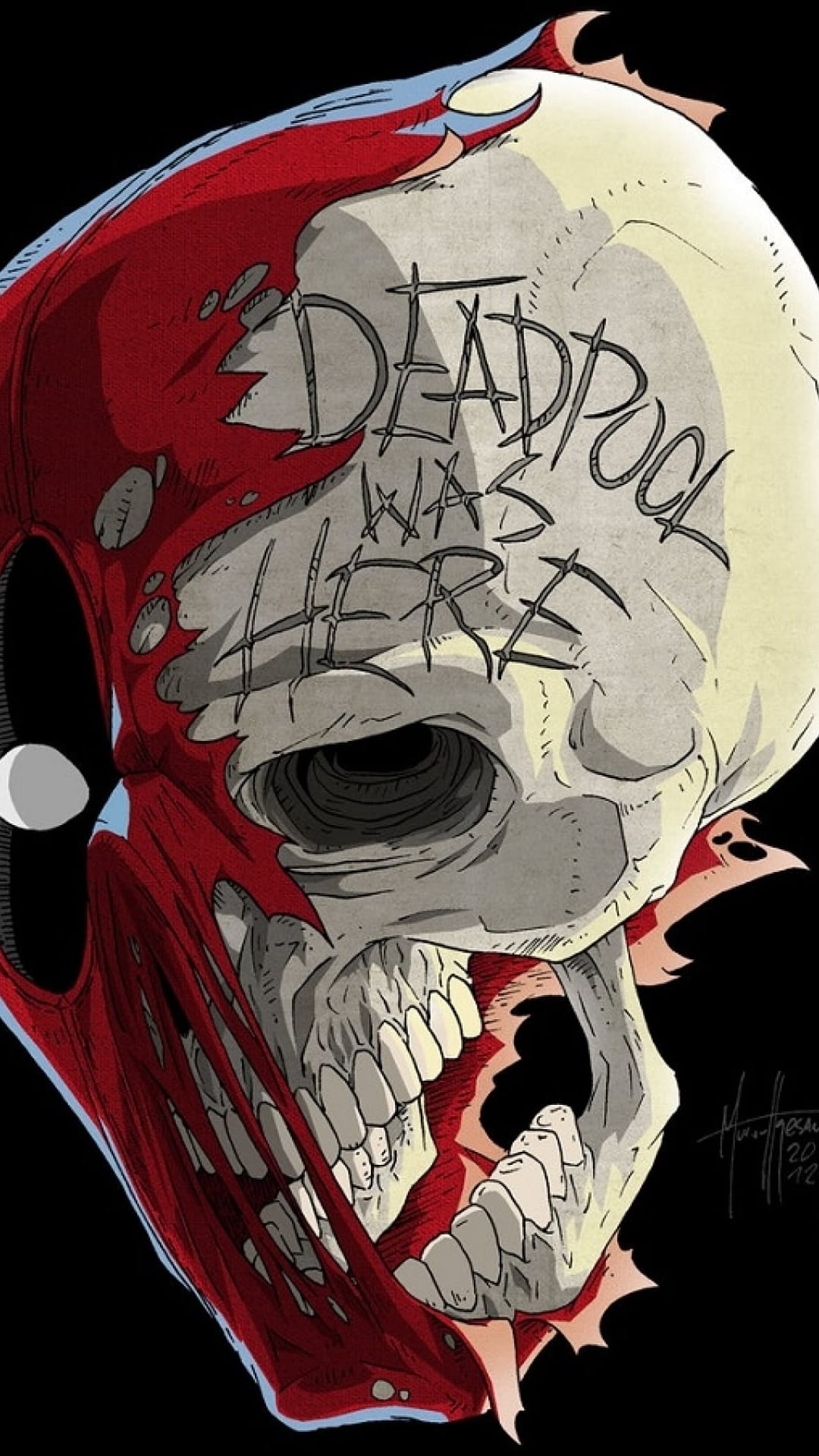 Deadpool skull with a peeling red mask and scrawled text reading Deadpool Was Here on the white bone surface.