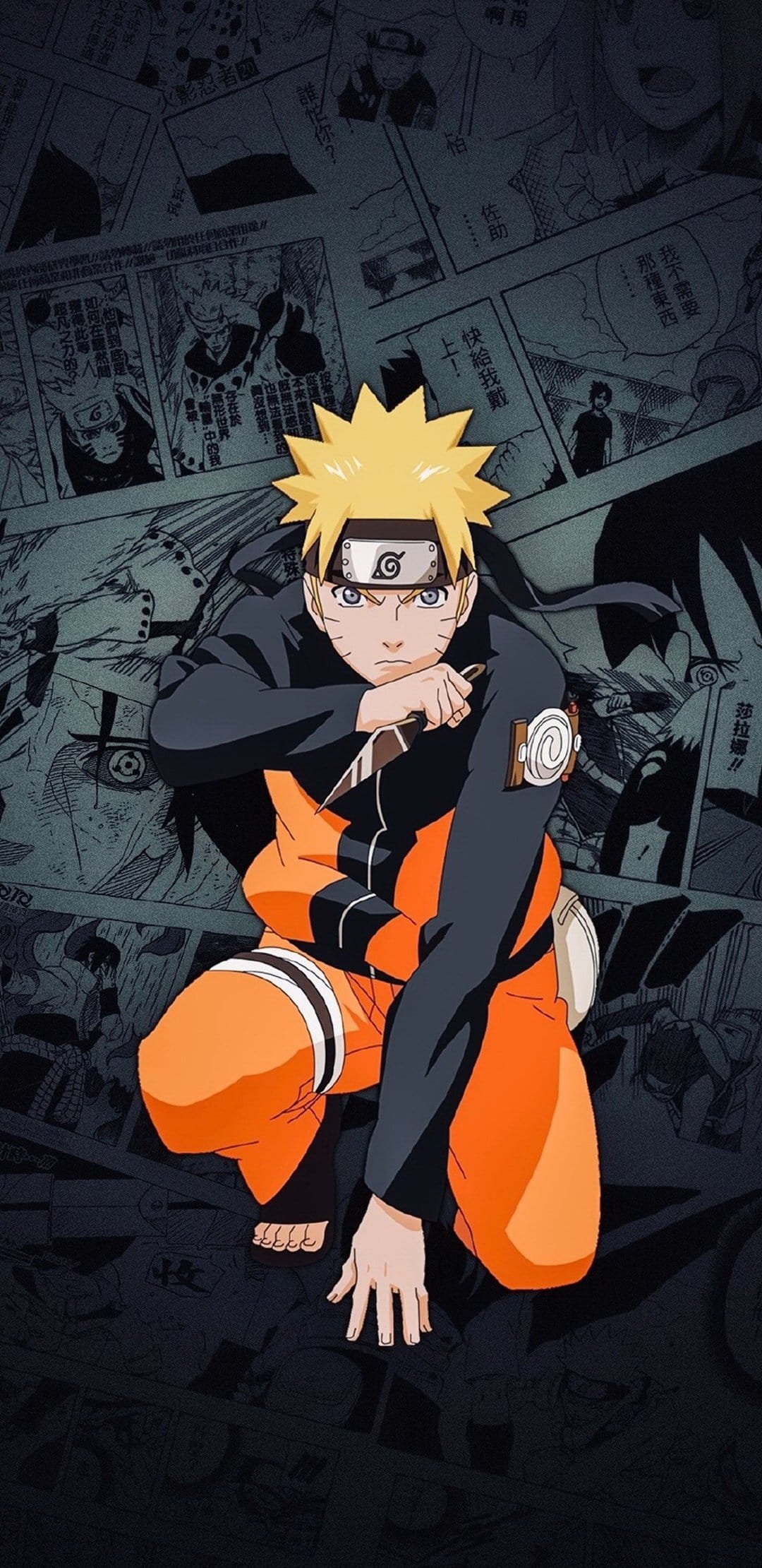 Naruto Uzumaki crouches with a kunai knife over a background of black and white manga panels in orange gear.
