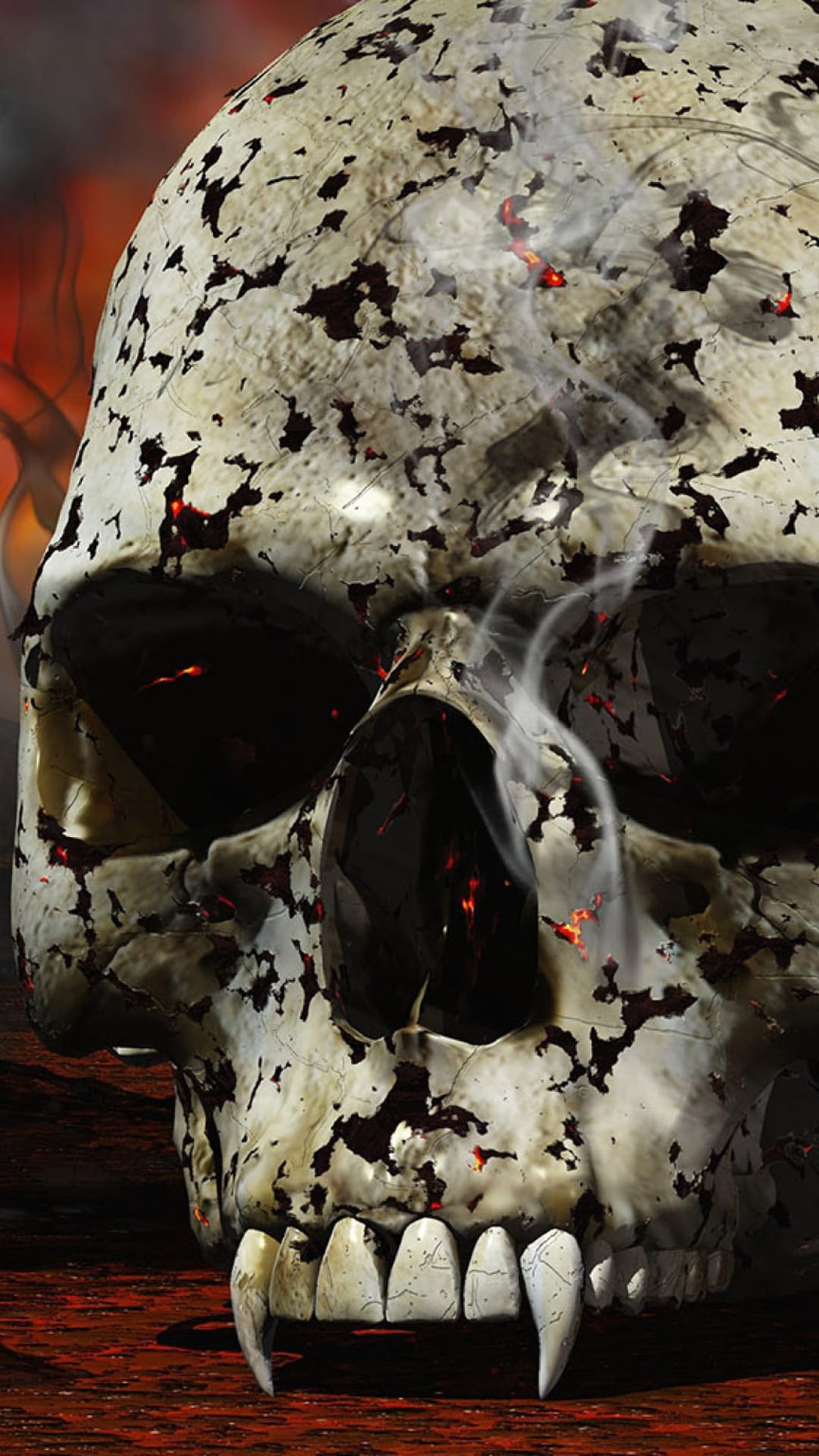 Human skull with glowing red fissures, vampire fangs, and white smoke wisps against a dark crimson background.