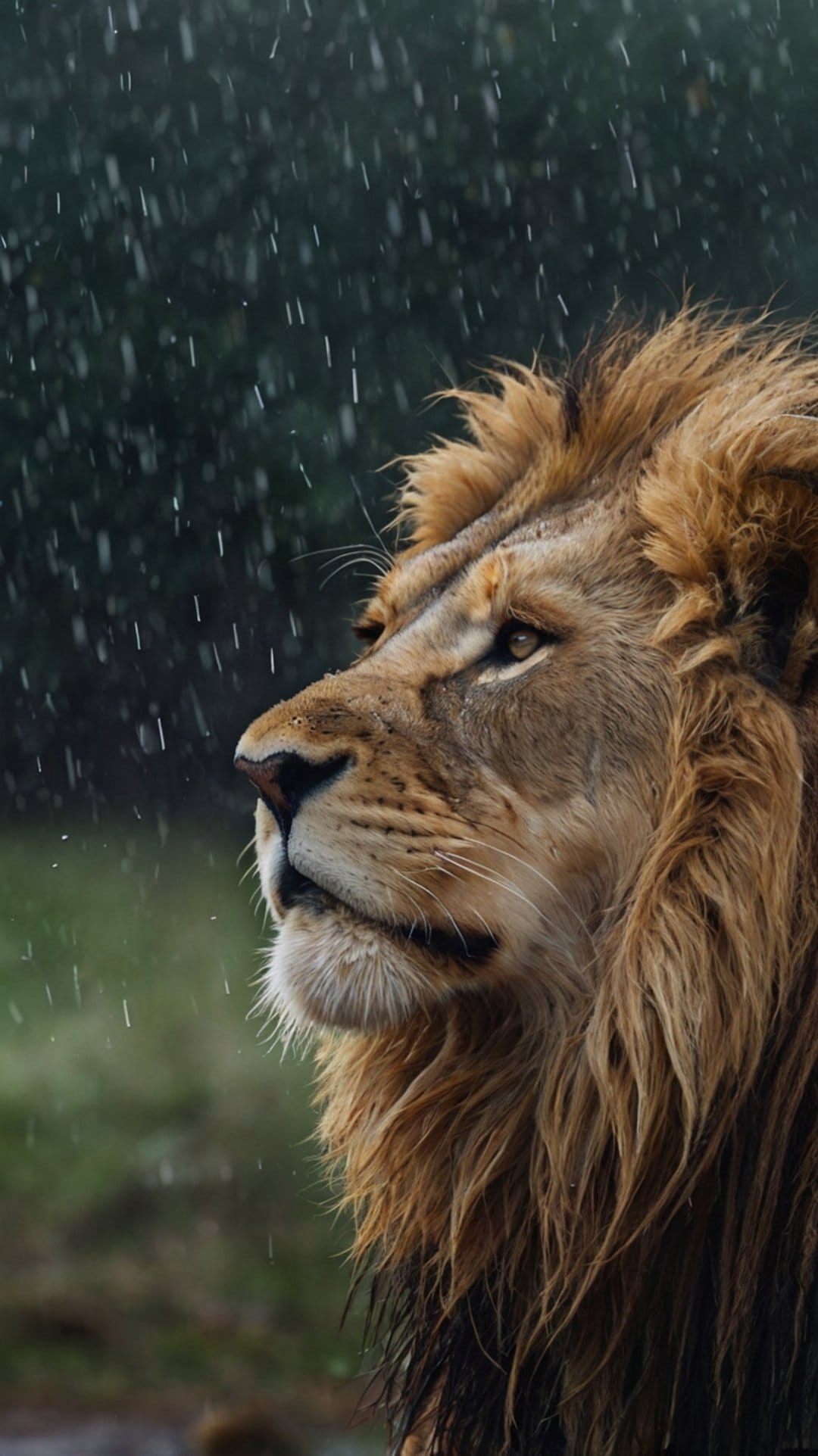 Lion profile featuring a rain-slicked mane and intense golden eyes during a heavy downpour in the wild.