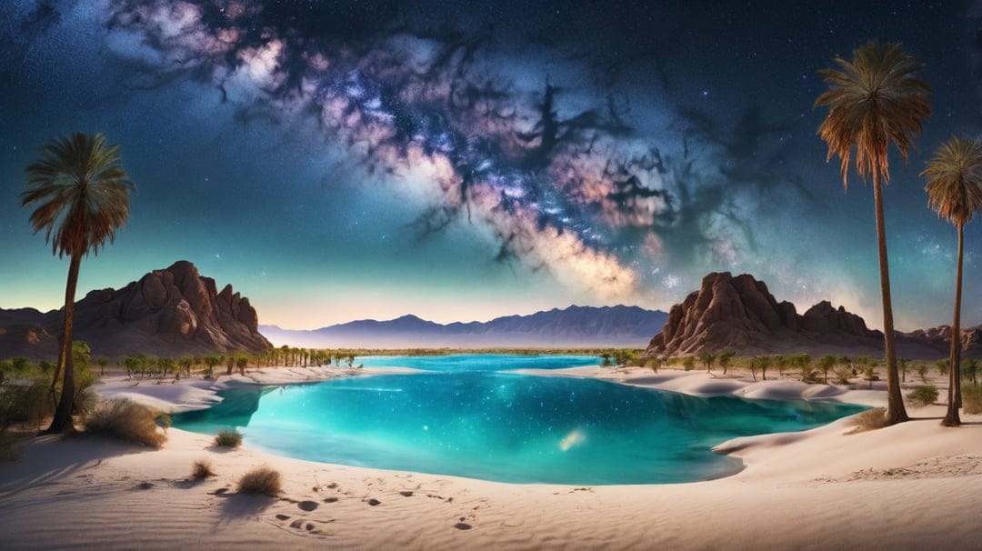 Turquoise water lagoon surrounded by palm trees and sand under a starry Milky Way galaxy and dark mountains.