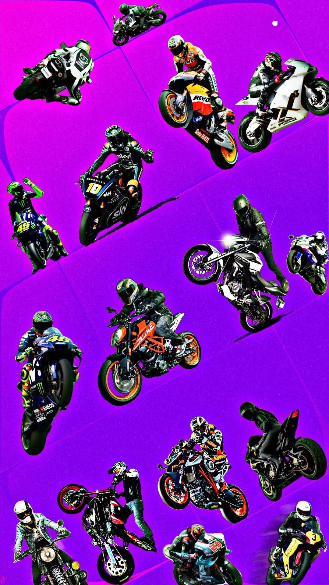Motorcycle racers perform aerial stunts and wheelies on dirt bikes over a solid vibrant purple background.