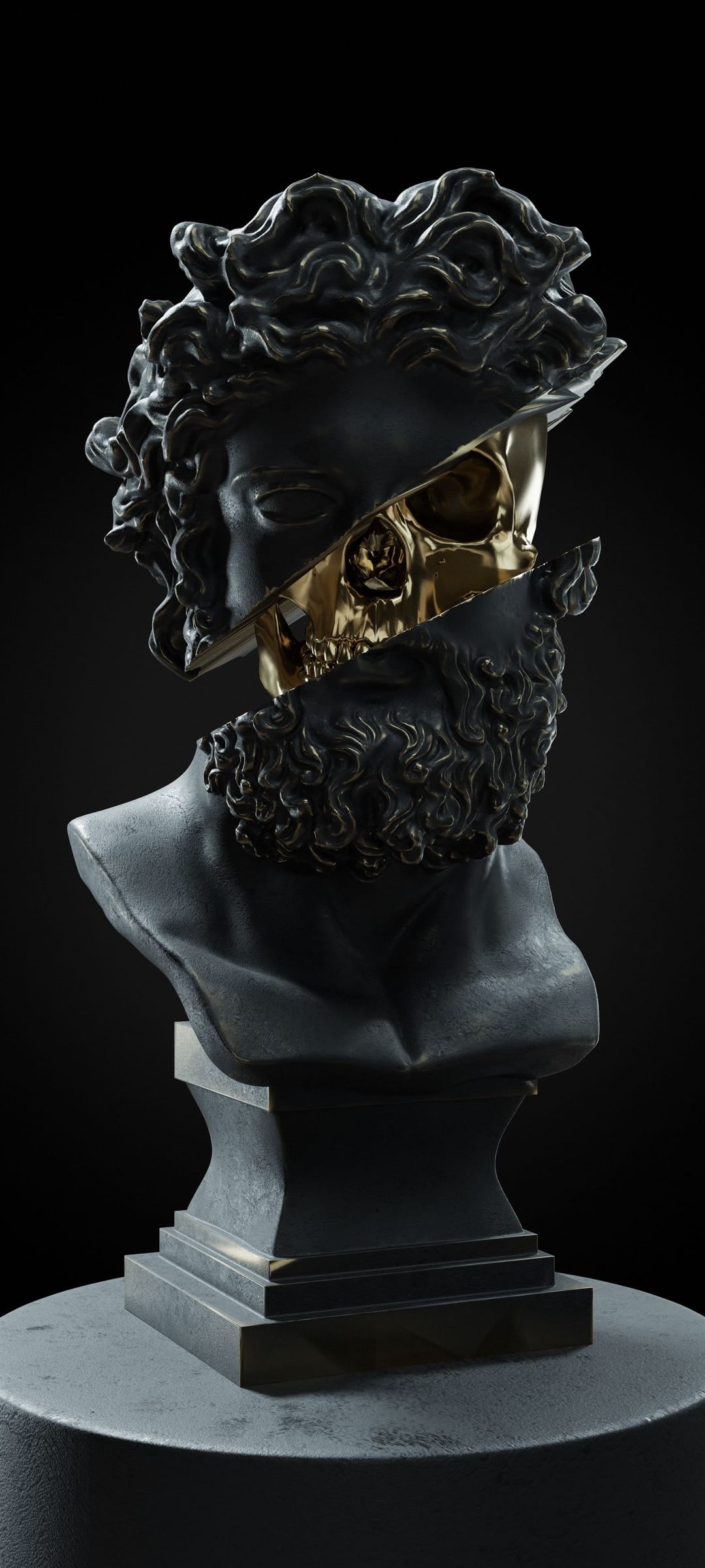 Golden skull encased in a fragmented white marble bust sculpture isolated against a solid black background.