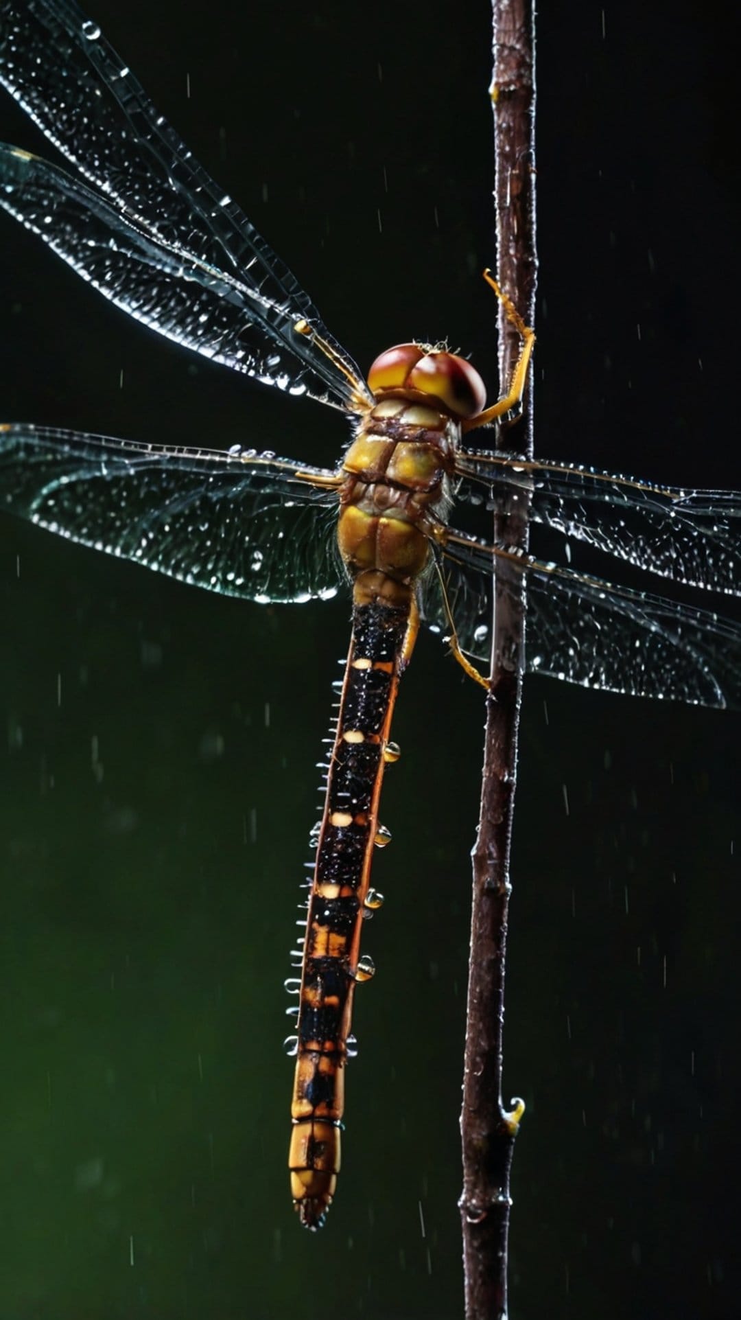 Yellow dragonfly with water droplets on its wings perched on a wet branch against a dark, blurred background.