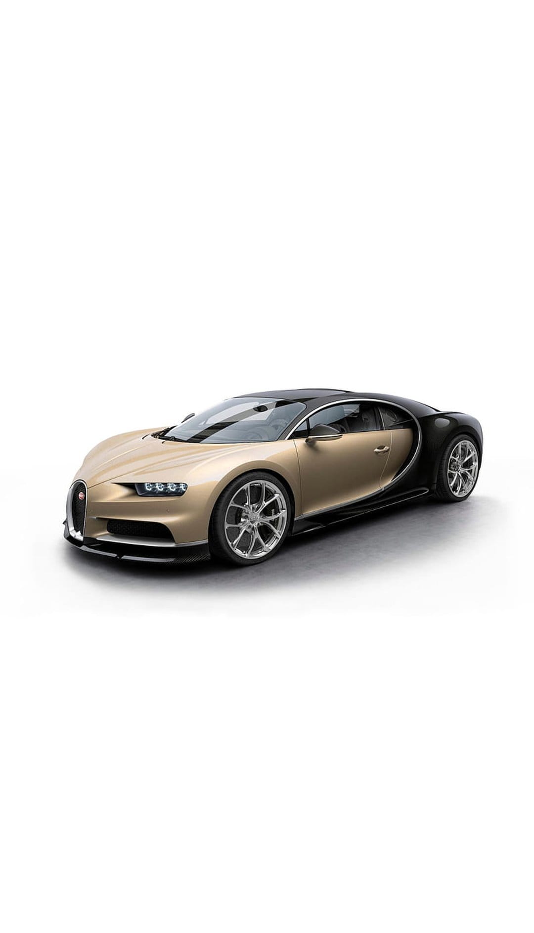 Bugatti Chiron hypercar with champagne gold and black exterior parked in a minimalist bright white studio setting.